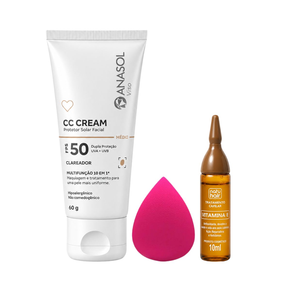 KIT ANASOL CC CREAM FPS50 MÉDIO 60G + ESPONJA DE MAQUIAGEM + AMPOLA VIT E