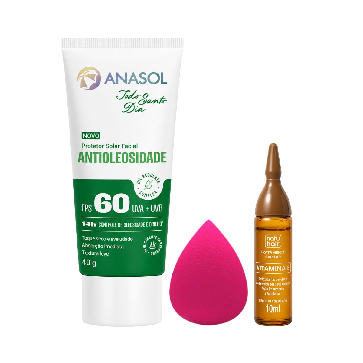 KIT ANASOL PROTETOR SOLAR FACIAL ANTIOLEOSIDADE FPS60 40G + ESPONJA DE MAQUIAGEM