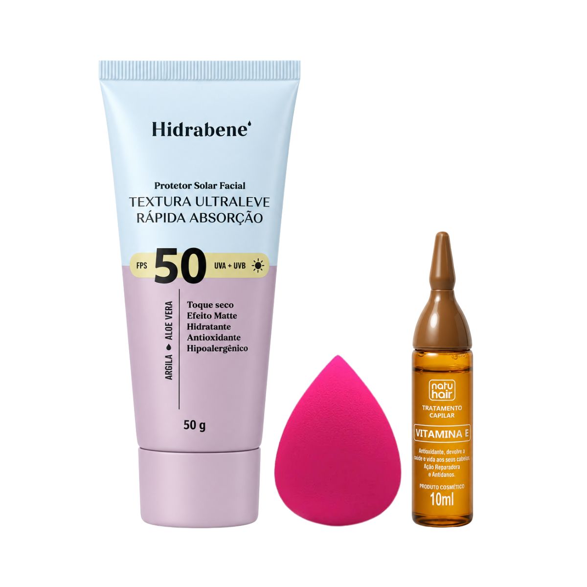 KIT HIDRABENE PROTETOR FACIAL FPS50 50G + ESPONJA DE MAQUIAGEM + AMPOLA VIT E