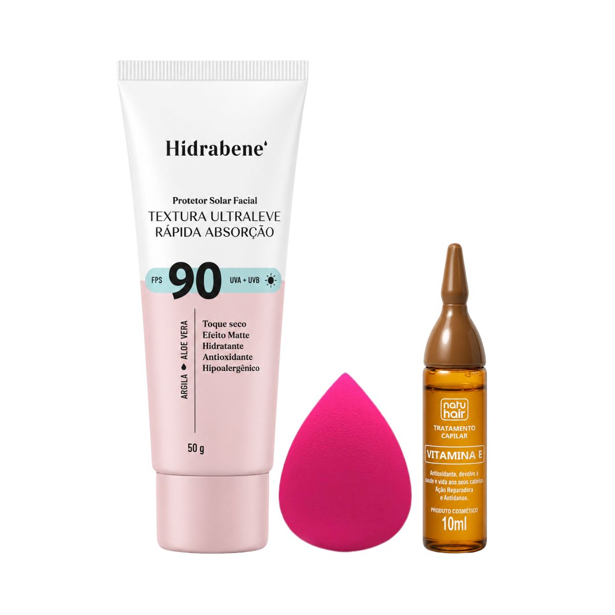 KIT HIDRABENE PROTETOR FACIAL FPS90 50G + ESPONJA DE MAQUIAGEM + AMPOLA VIT E