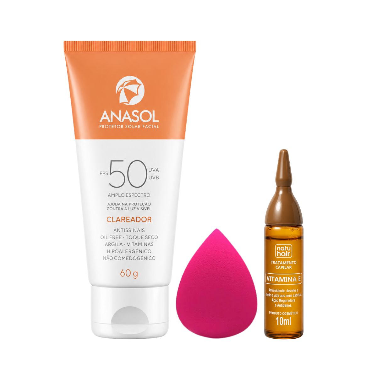 KIT ANASOL PROTETOR SOLAR FACIAL FPS50 CLAREADOR 60G + ESPONJA DE MAQUIAGEM + AM