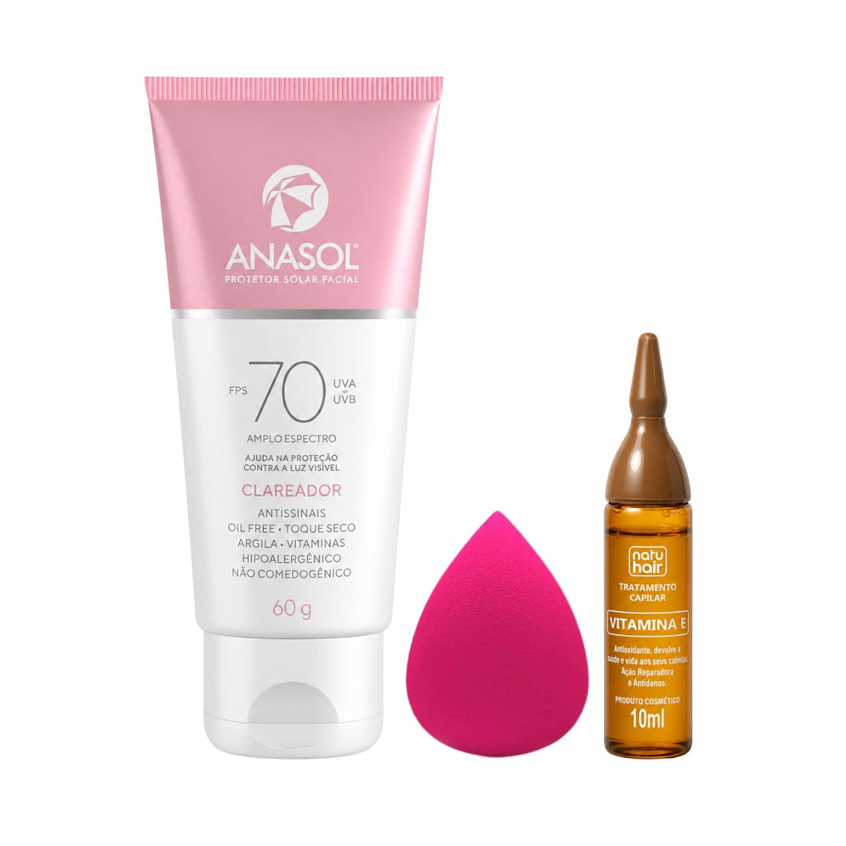 KIT ANASOL PROTETOR SOLAR FACIAL FPS70 CLAREADOR 60G + ESPONJA DE MAQUIAGEM + AM