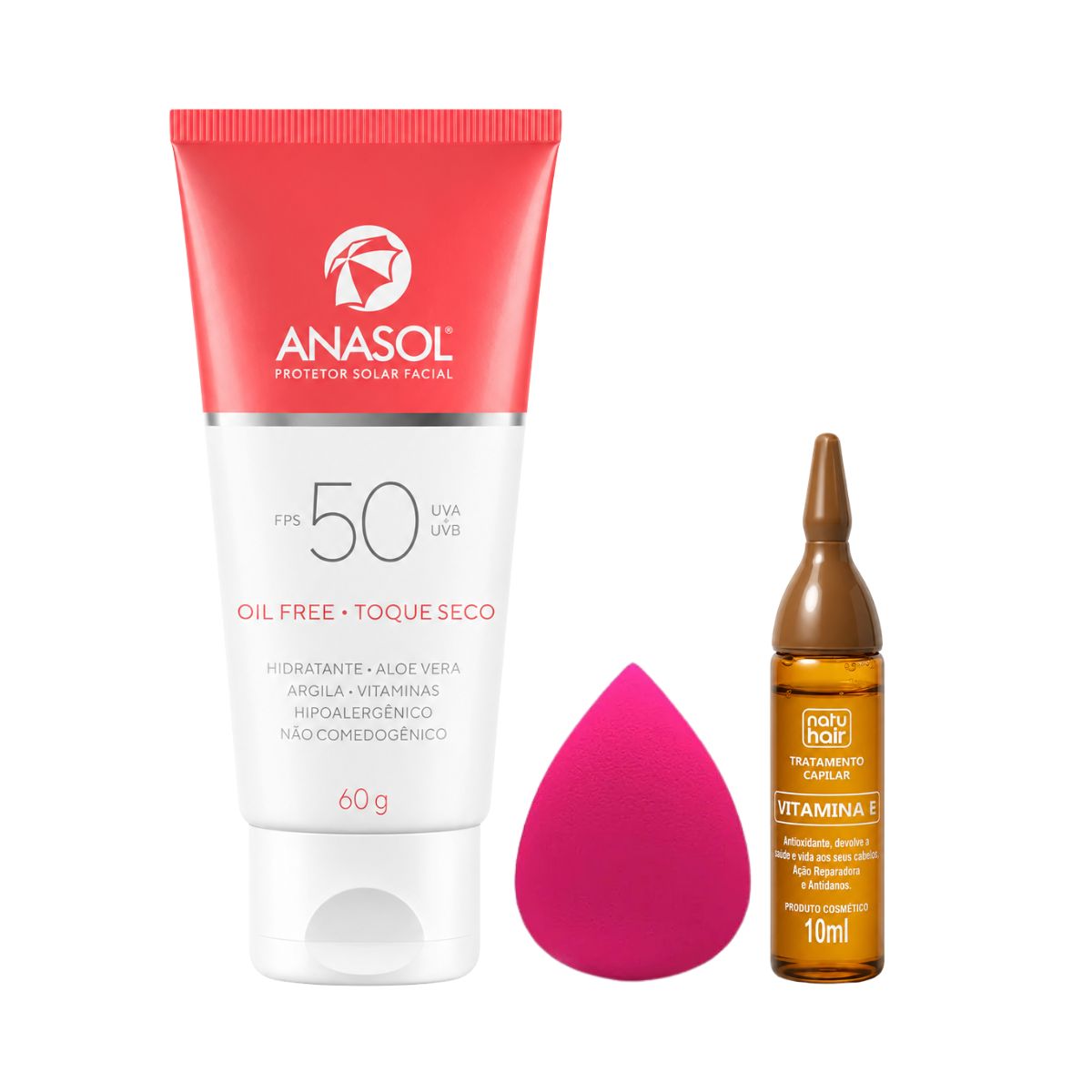 KIT ANASOL PROTETOR SOLAR FACIAL TOQUE SECO FPS50 60G + ESPONJA DE MAQUIAGEM + A