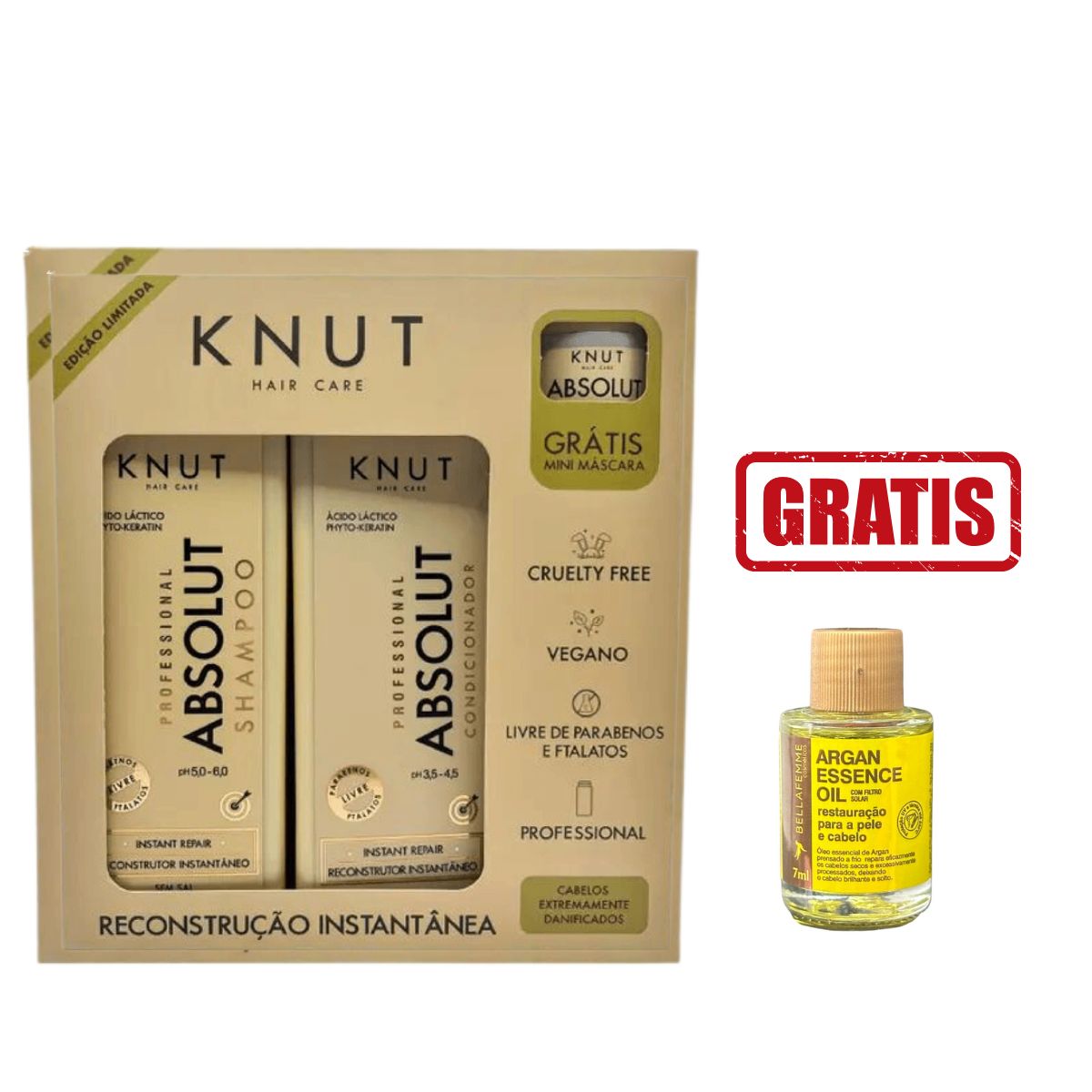 KIT KNUT SHAMPOO + CONDICIONADOR + MINI MÁSCARA ABSOLUT COM ÓLEO 7ML