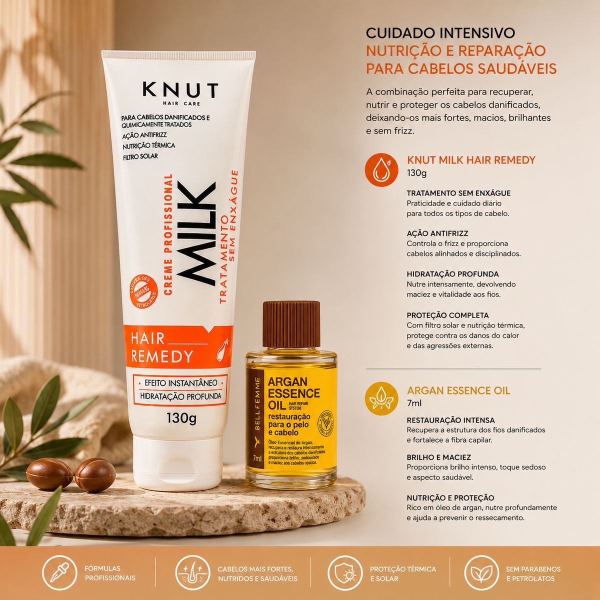 KIT KNUT CREME HAIR REMEDY MILK 130G COM OLEO 7ML