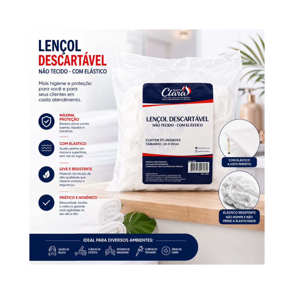 LENÇOL DESCARTÁVEL COM ELÁSTICO PACOTE COM 5 UNIDADES SANTA CLARA
