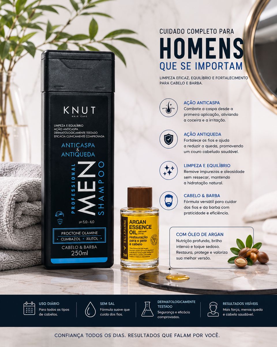 KIT KNUT SHAMPOO MEN ANTICASPA 250ML COM ÓLEO 7ML