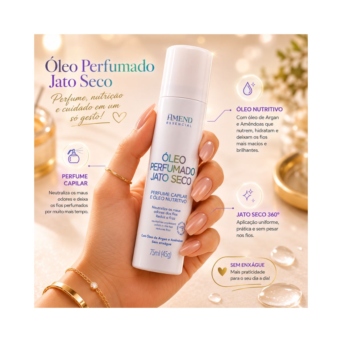 PERFUME CAPILAR E ÓLEO NUTRITIVO ESSENCIAL PERFUMADO AMEND 75ML