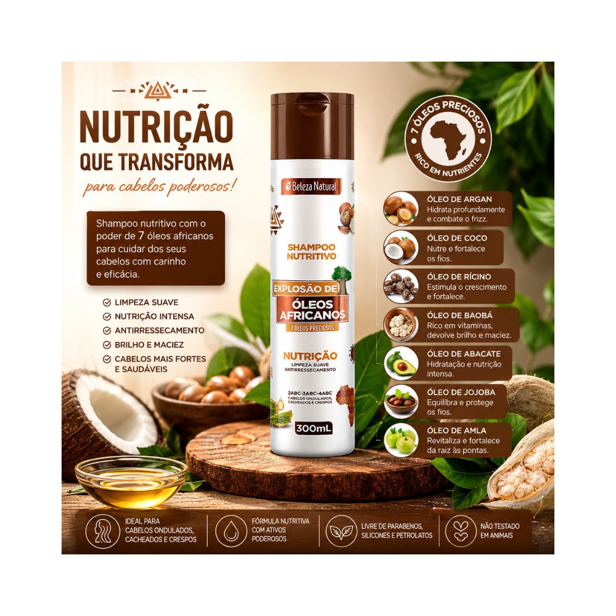 SHAMPOO EXPLOSÃO DE ÓLEOS AFRICANOS BELEZA NATURAL 300ML