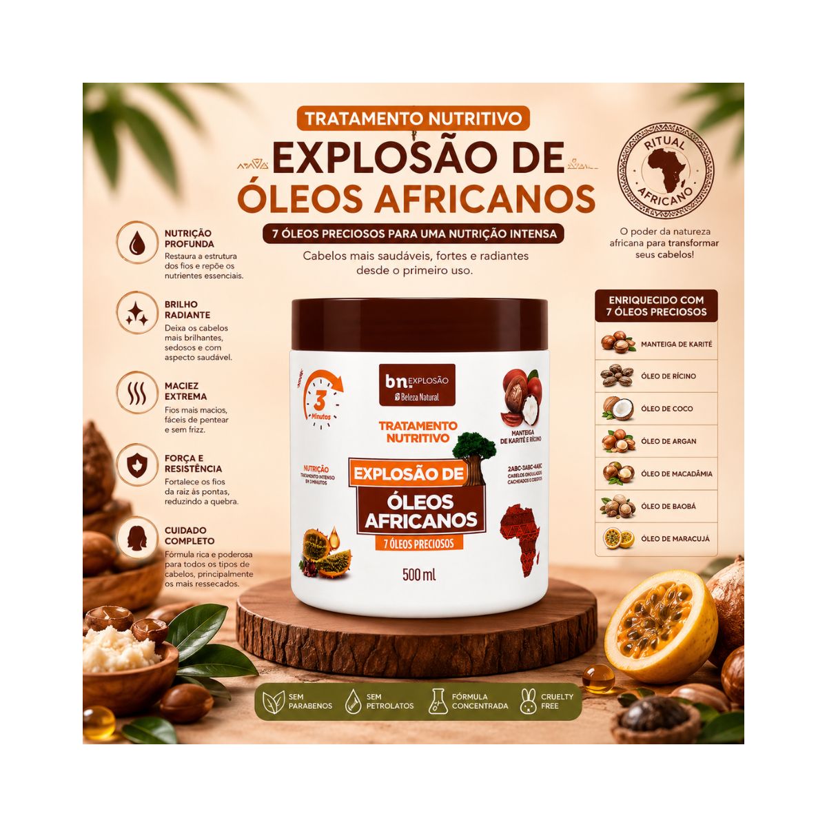 TRATAMENTO NUTRITIVO EXPLOSÃO DE ÓLEOS AFRICANOS BELEZA NATURAL 500G