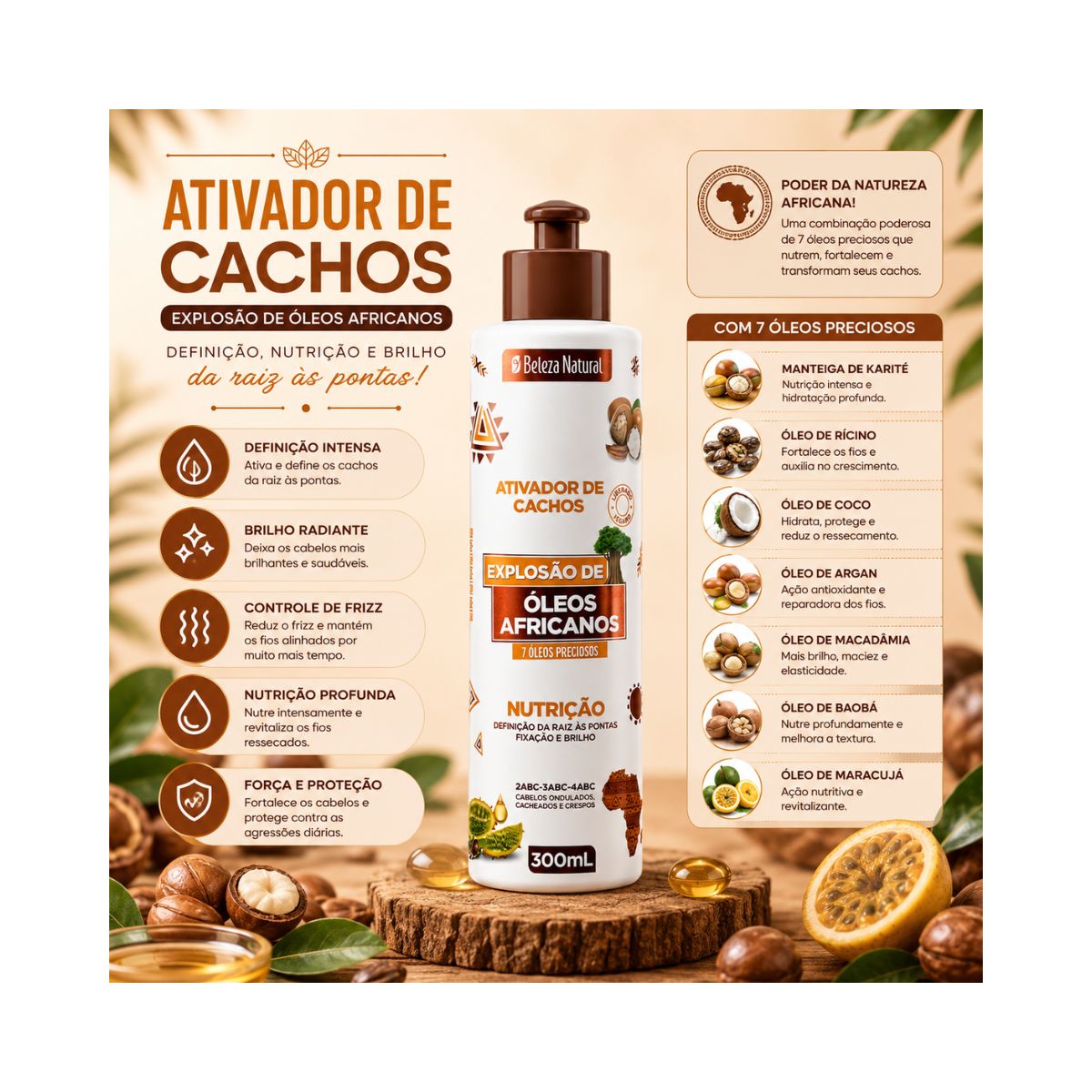 ATIVADOR DE CACHOS EXPLOSÃO DE ÓLEOS AFRICANOS BELEZA NATURAL 300ML