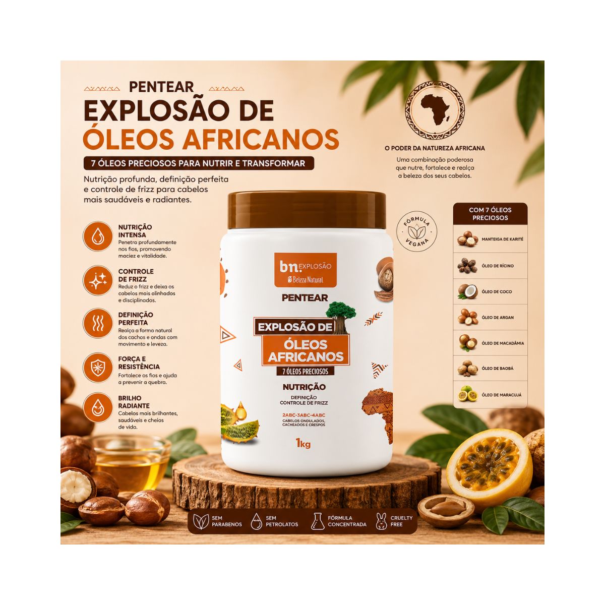 CREME DE PENTEAR EXPLOSÃO DE ÓLEOS AFRICANOS BELEZA NATURAL 1KG