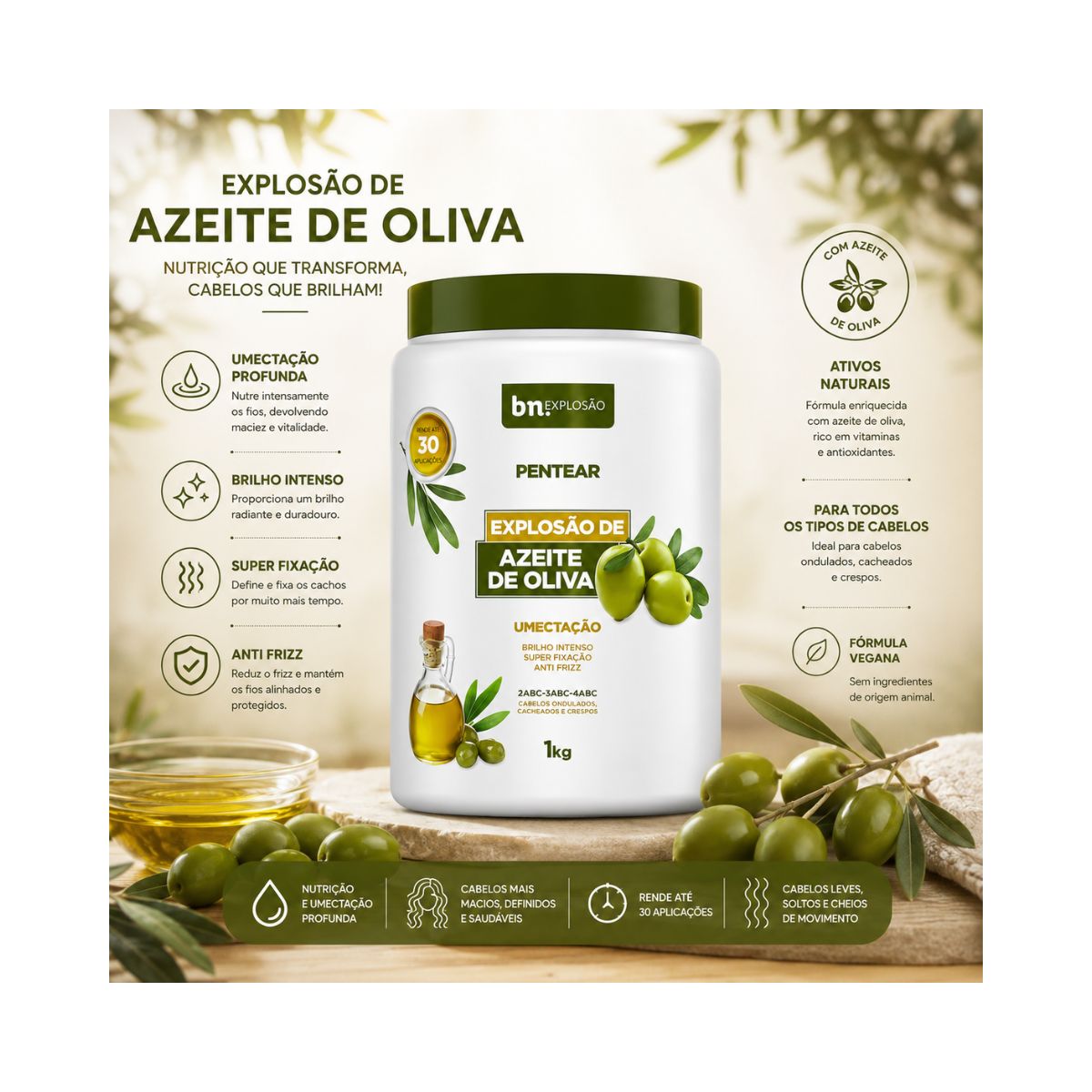 CREME DE PENTEAR EXPLOSÃO DE AZEITE DE OLIVA BELEZA NATURAL 1KG