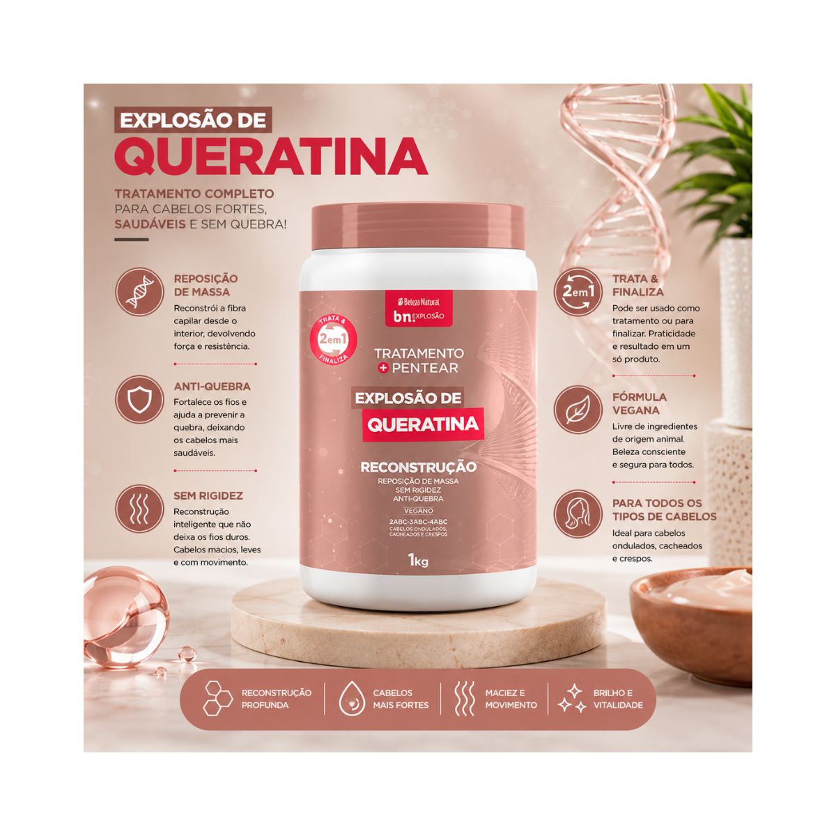 CREME DE PENTEAR 2 EM 1 EXPLOSÃO DE QUERATINA BELEZA NATURAL 1KG