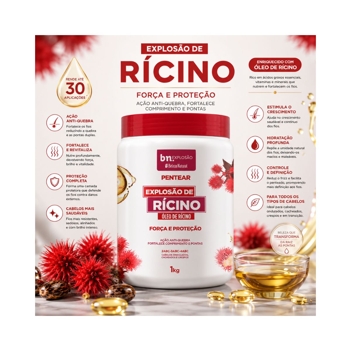 CREME DE PENTEAR EXPLOSÃO DE RÍCINO BELEZA NATURAL 1KG