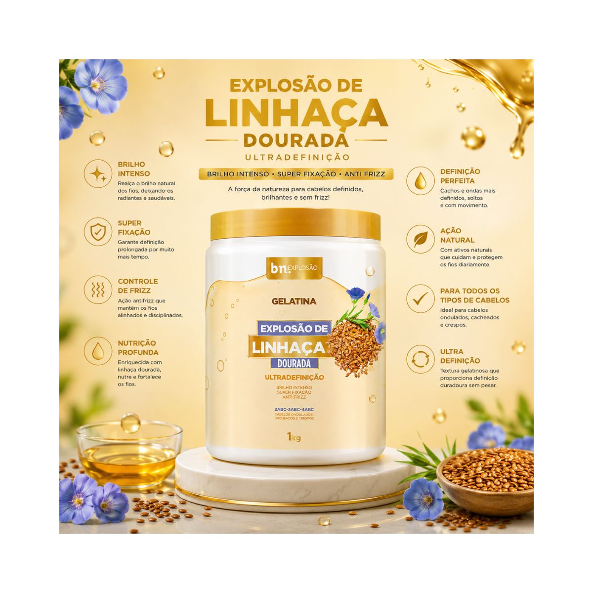 GELATINA EXPLOSÃO DE LINHAÇA DOURADA BELEZA NATURAL 1KG