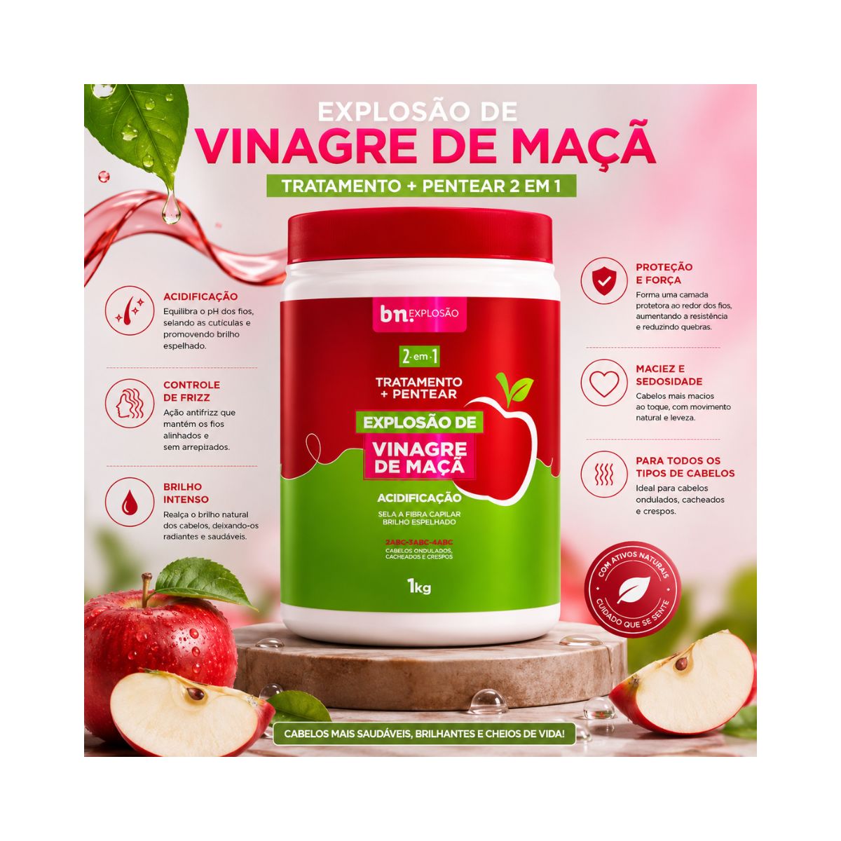 CREME DE PENTEAR EXPLOSÃO DE VINAGRE DE MAÇÃ BELEZA NATURAL 1KG