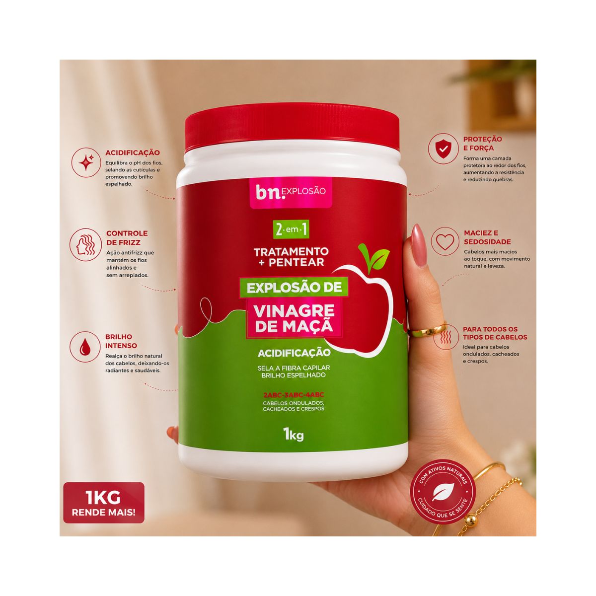 CREME DE PENTEAR EXPLOSÃO DE VINAGRE DE MAÇÃ BELEZA NATURAL 1KG