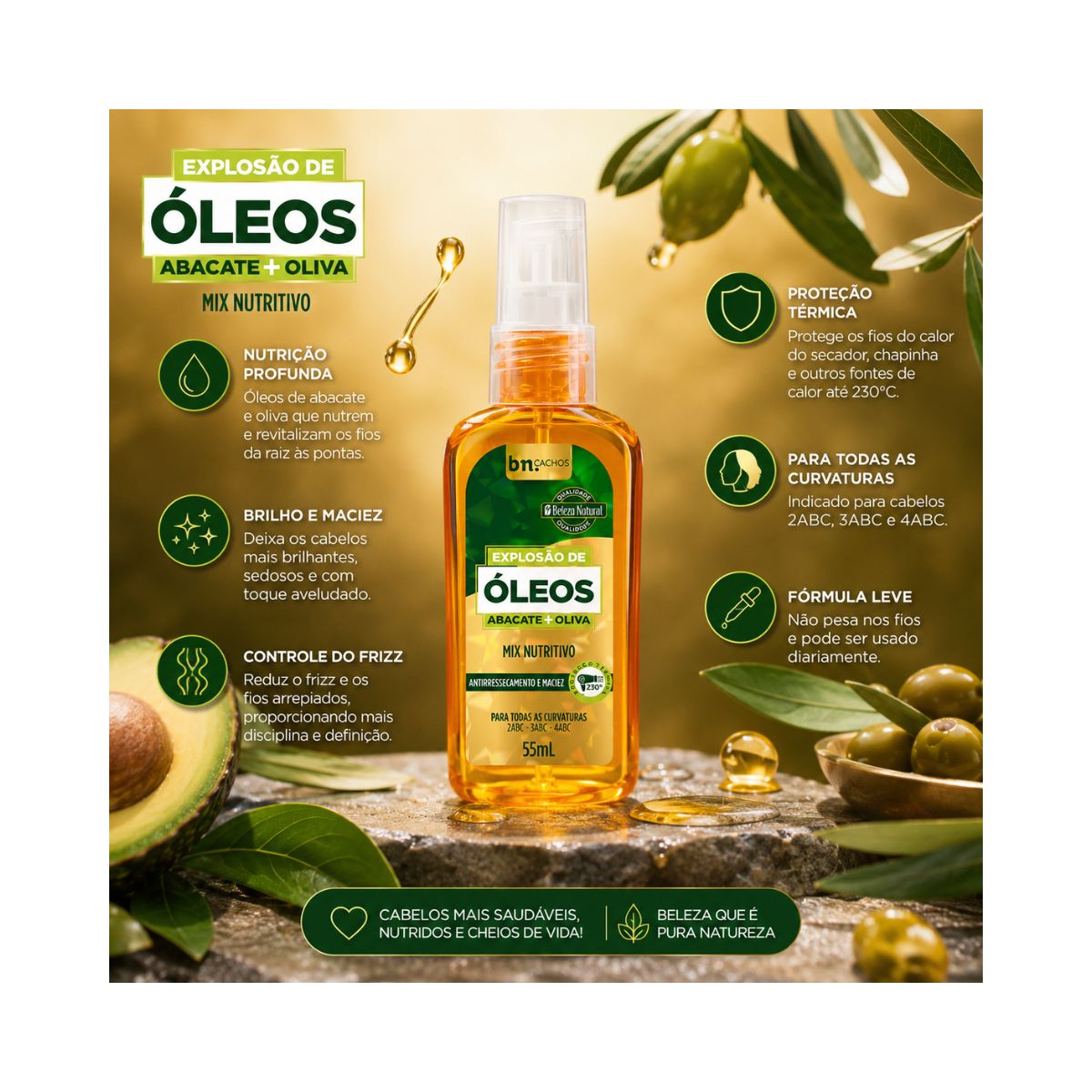 EXPLOSÃO ÓLEOS ABACATE E OLIVA BELEZA NATURAL 55ML