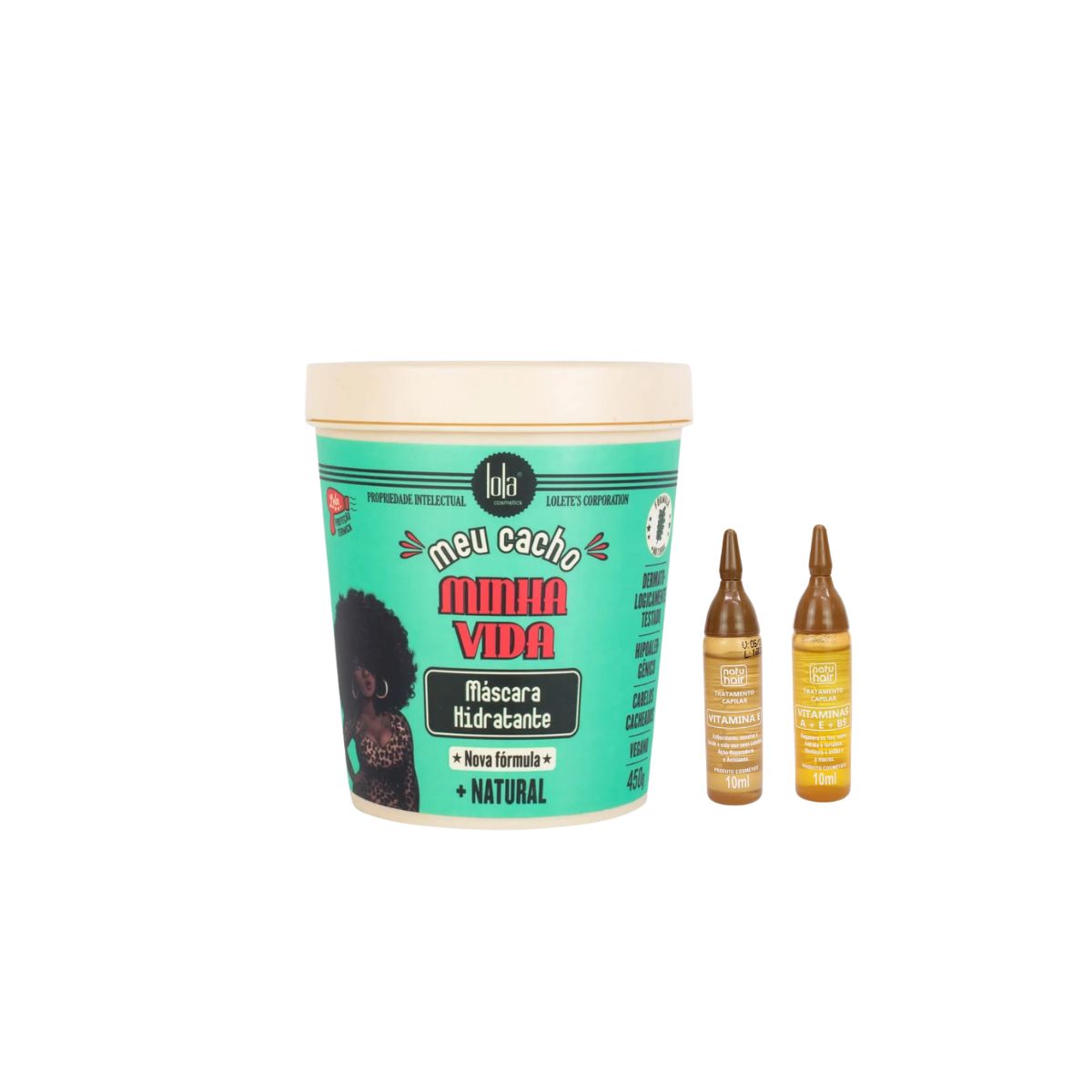 KIT MÁSCARA MEU CACHO MINHA VIDA LOLA COSMETICS 450G COM 2 AMPOLAS NATUHAIR