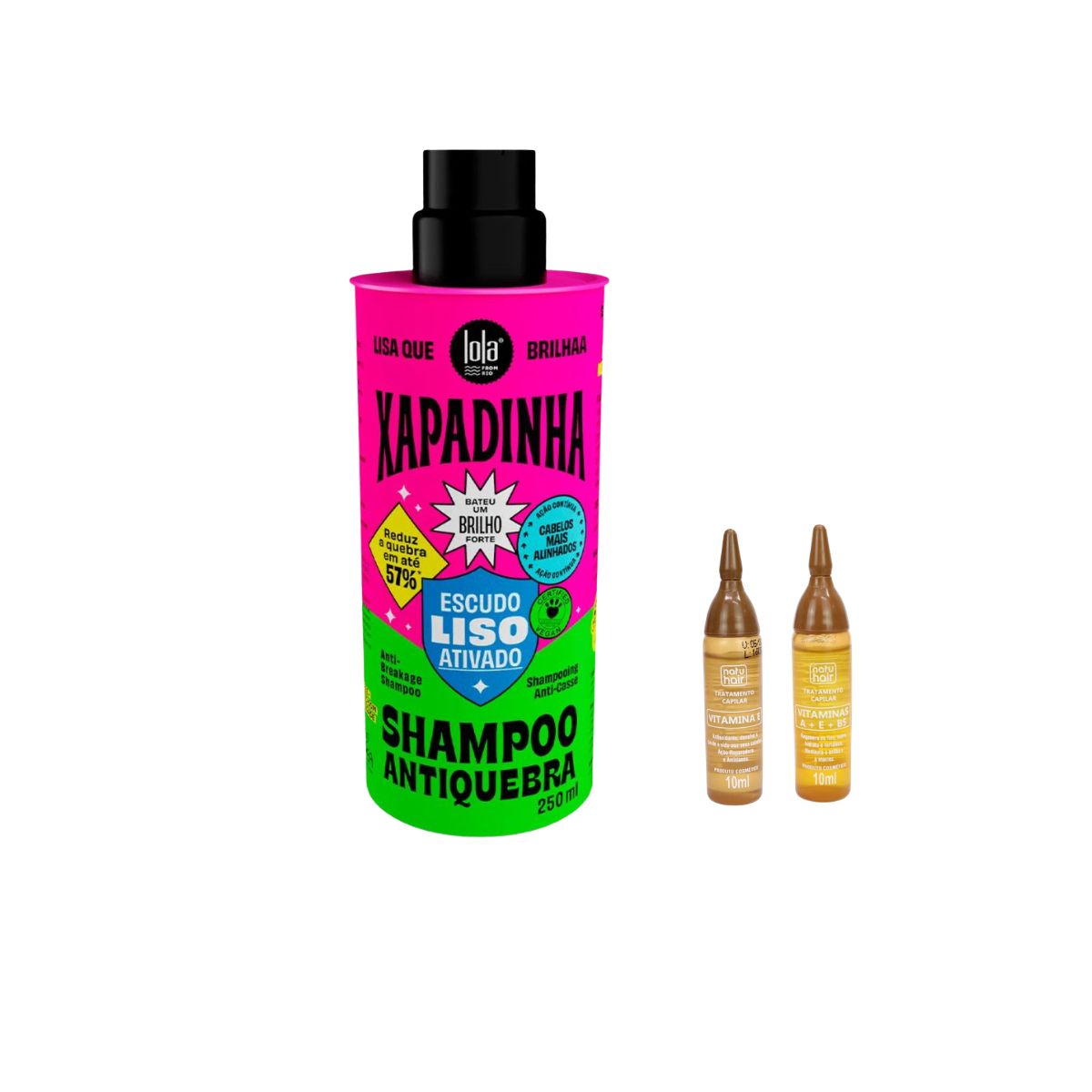 KIT SHAMPOO XAPADINHA ANTIQUEBRA LOLA 250ML COM 2 AMPOLAS NATUHAIR