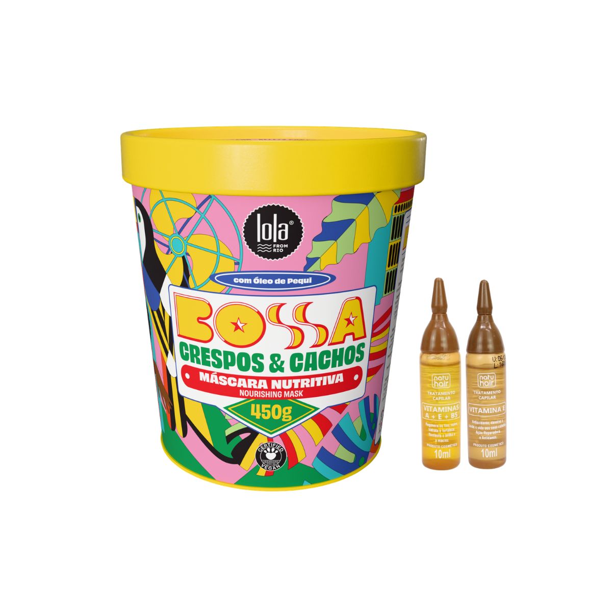 KIT MÁSCARA LOLA FROM RIO NUTRITIVA BOSSA CRESPOS & CACHOS 450G COM 2 AMPOLAS NA