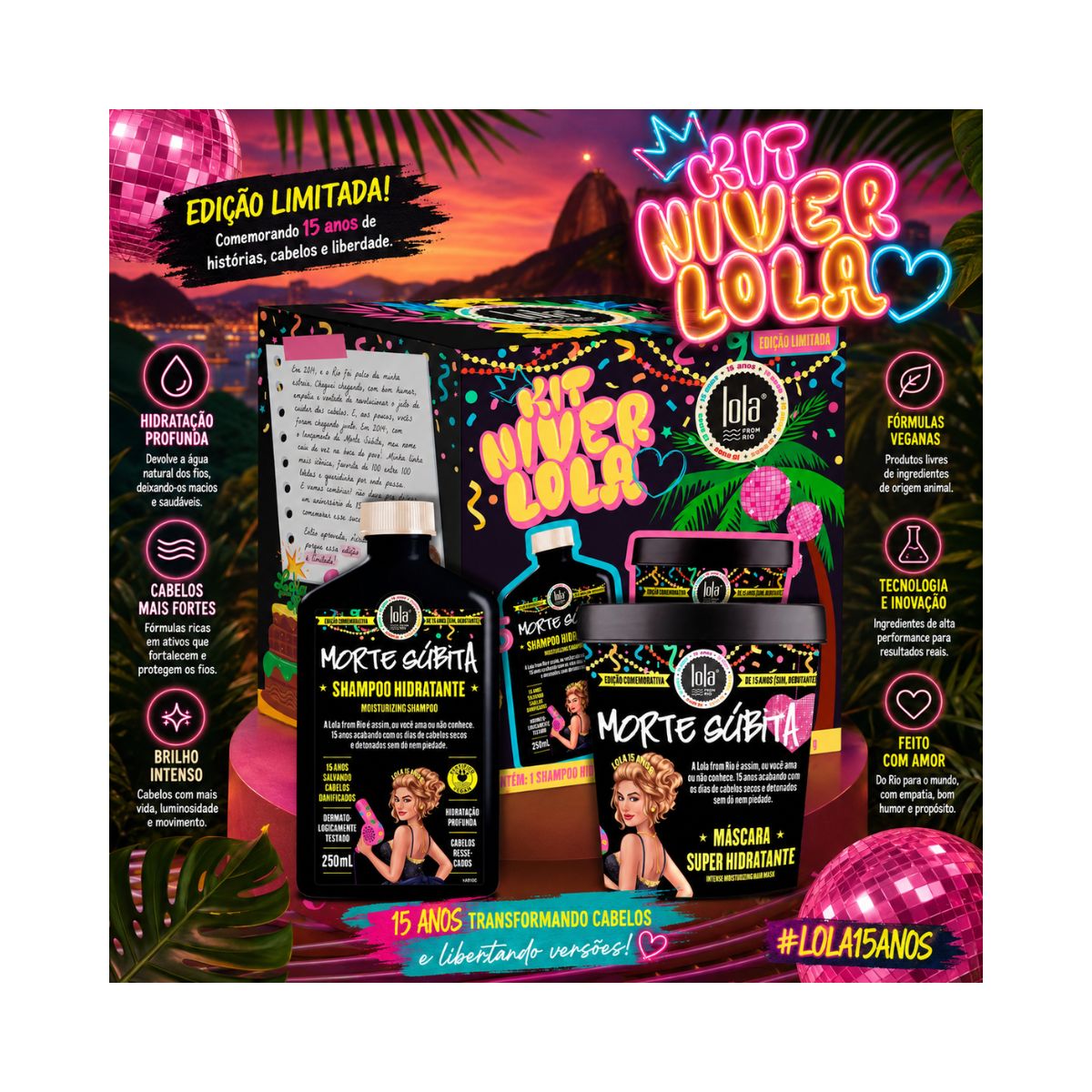 KIT MORTE SÚBITA SHAMPOO 250ML + MÁSCARA 450G 15 ANOS LOLA COSMETICS