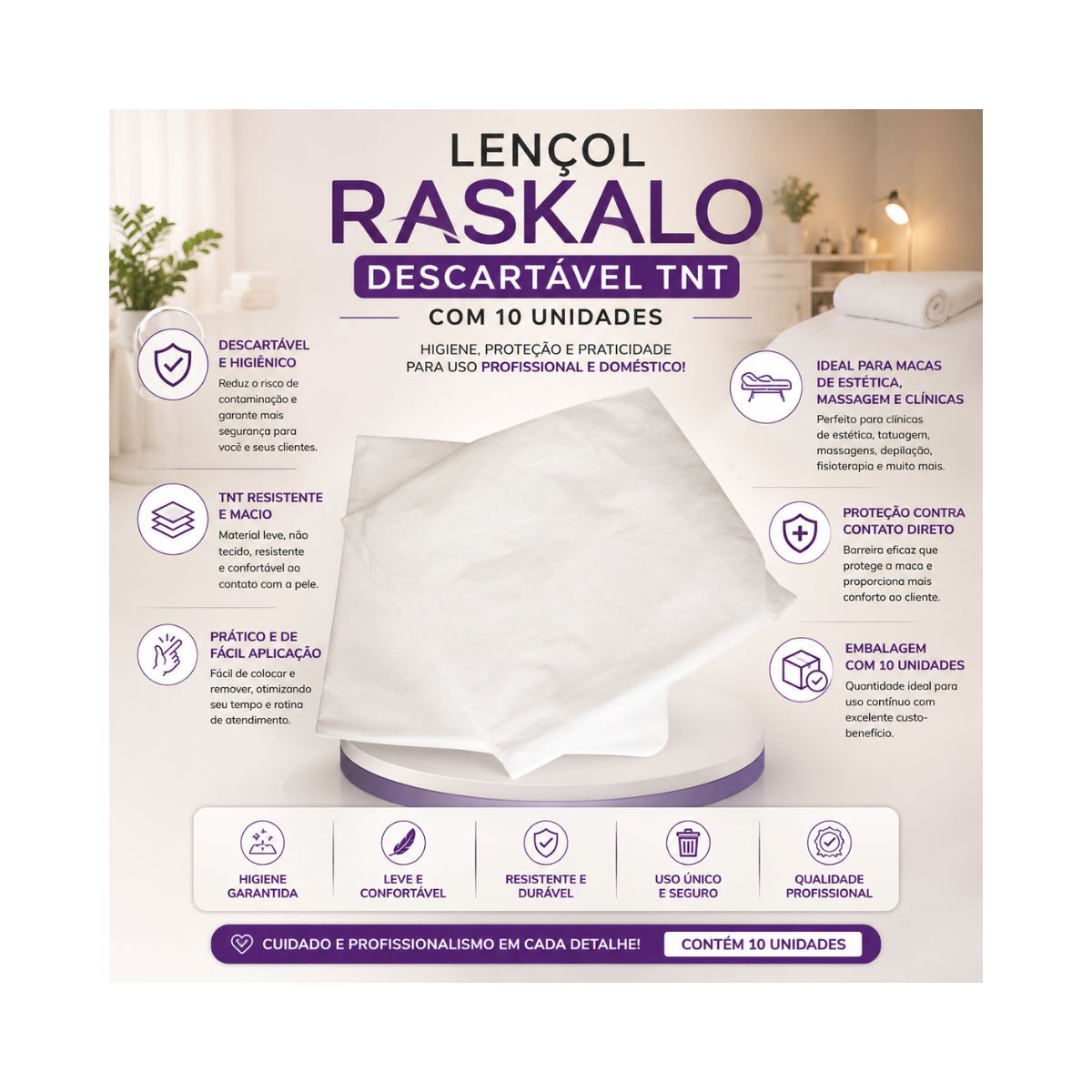 LENÇOL RASKALO DESCARTÁVEL TNT COM 10 UNIDADES 5053