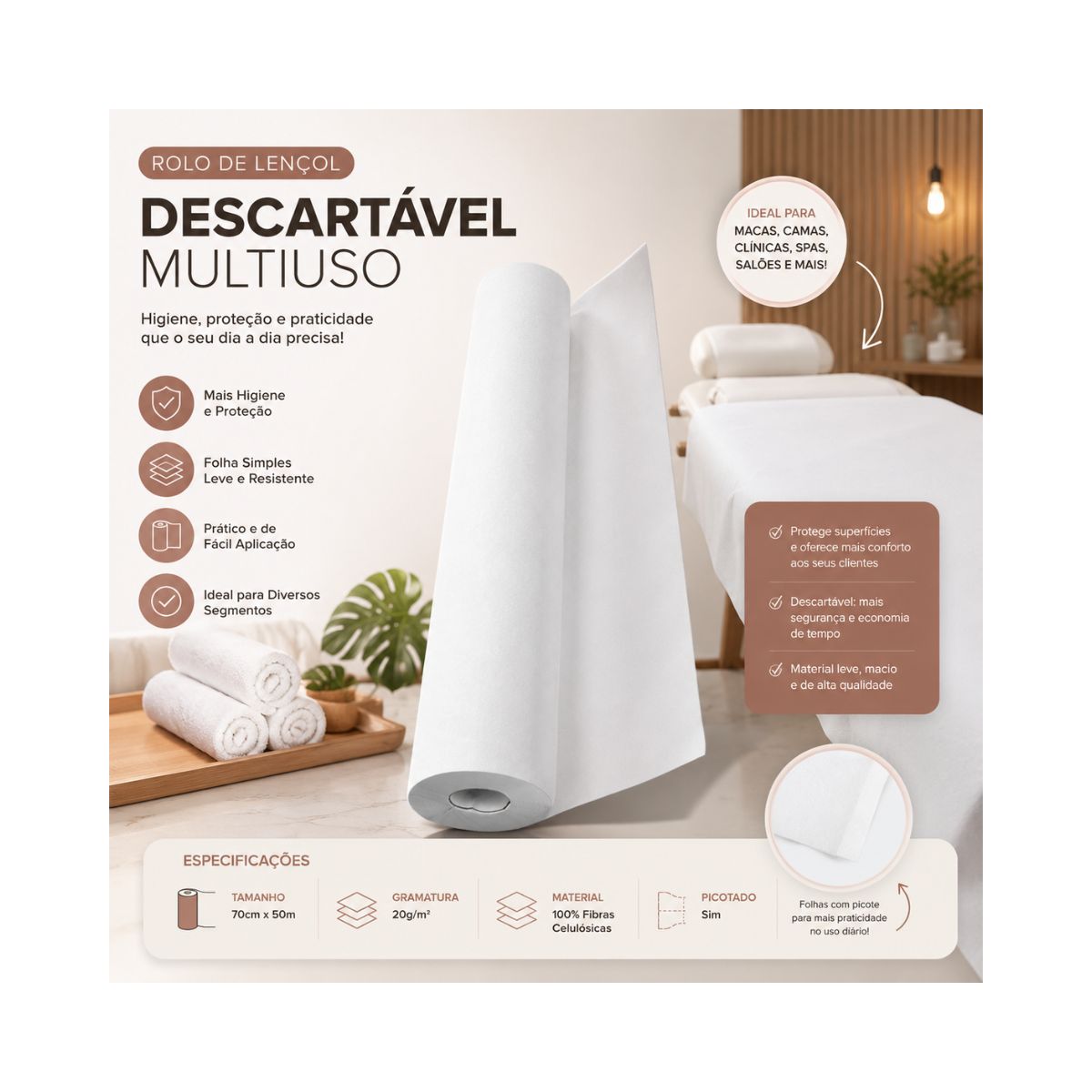 LENÇOL RASKALO EM PAPEL BRANCO ROLO 5085