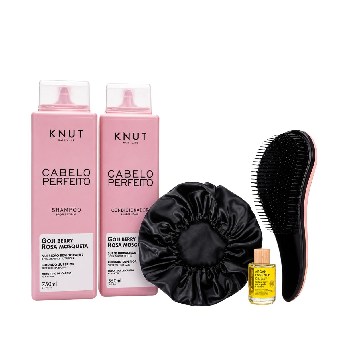 KIT KNUT SH 750ML + COND 500ML CABELO PERFEITO + TOUCA CETIM + ESC MÁGICA + ÓLEO