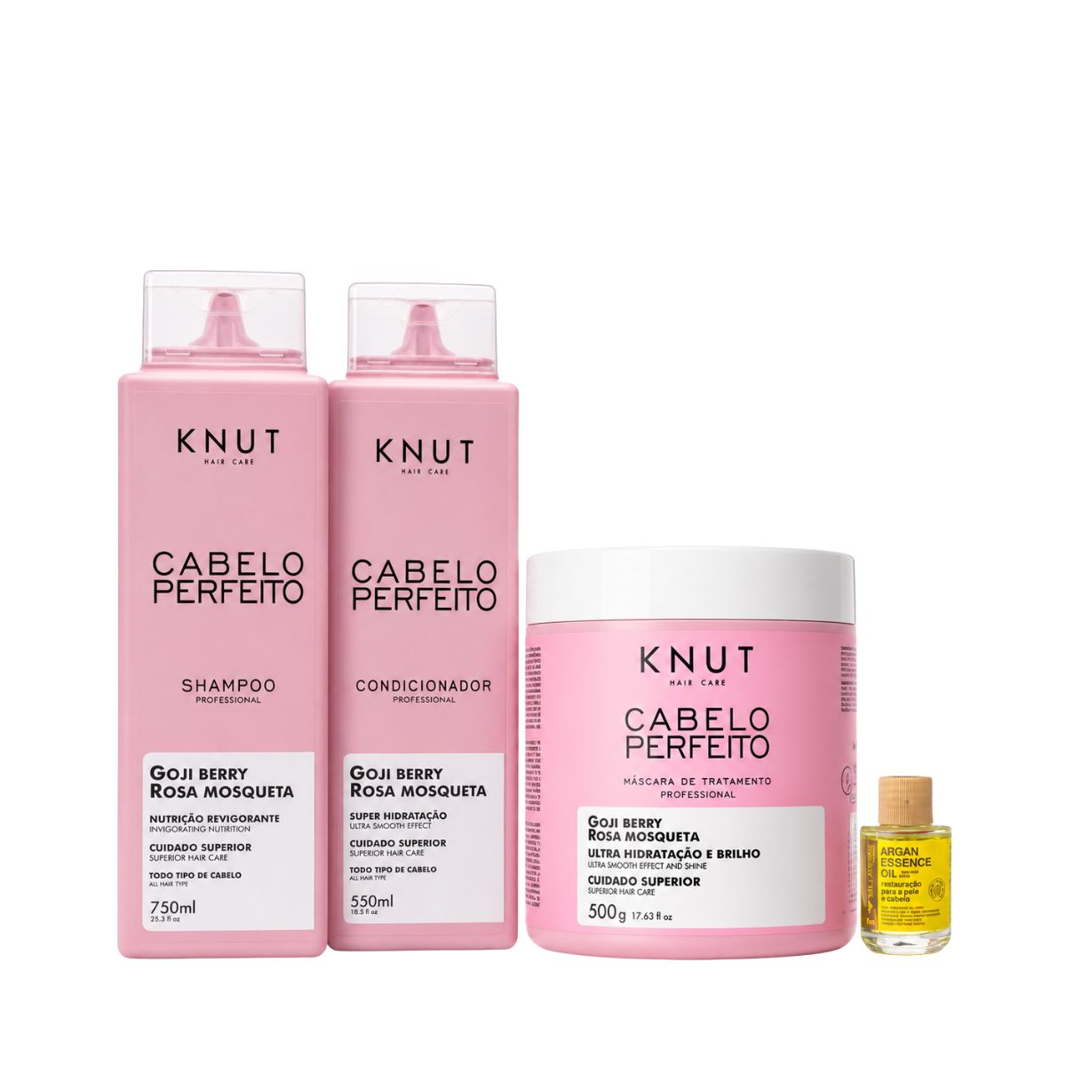 KIT KNUT CABELO PERFEITO SH 750ML + COND 500ML + MÁSCARA 500G + ÓLEO BELLA