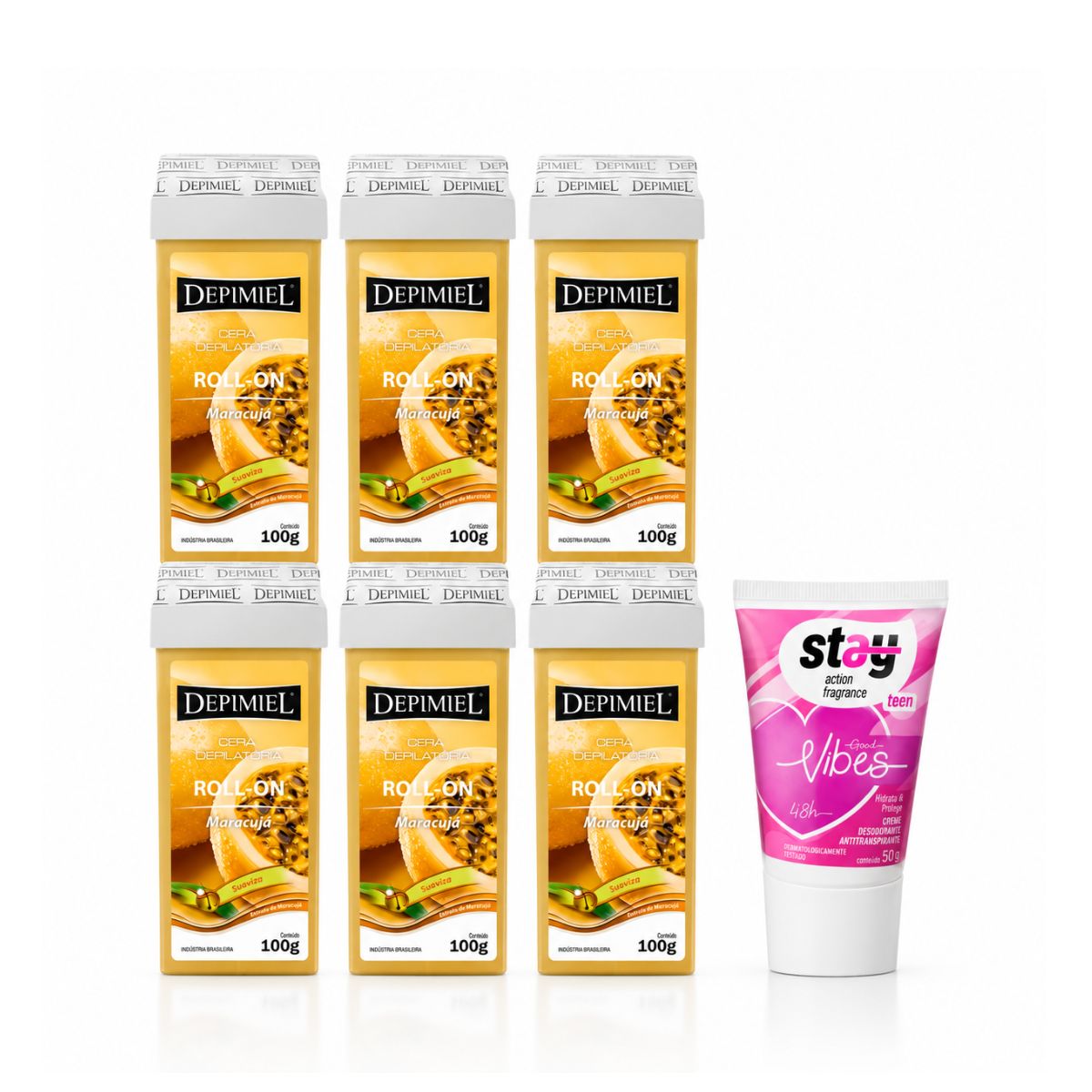 KIT DEPIMIEL 6 CERAS MARACUJÁ 100G COM DESODORANTE EM CREME STAY TEEN GOOD VIBES