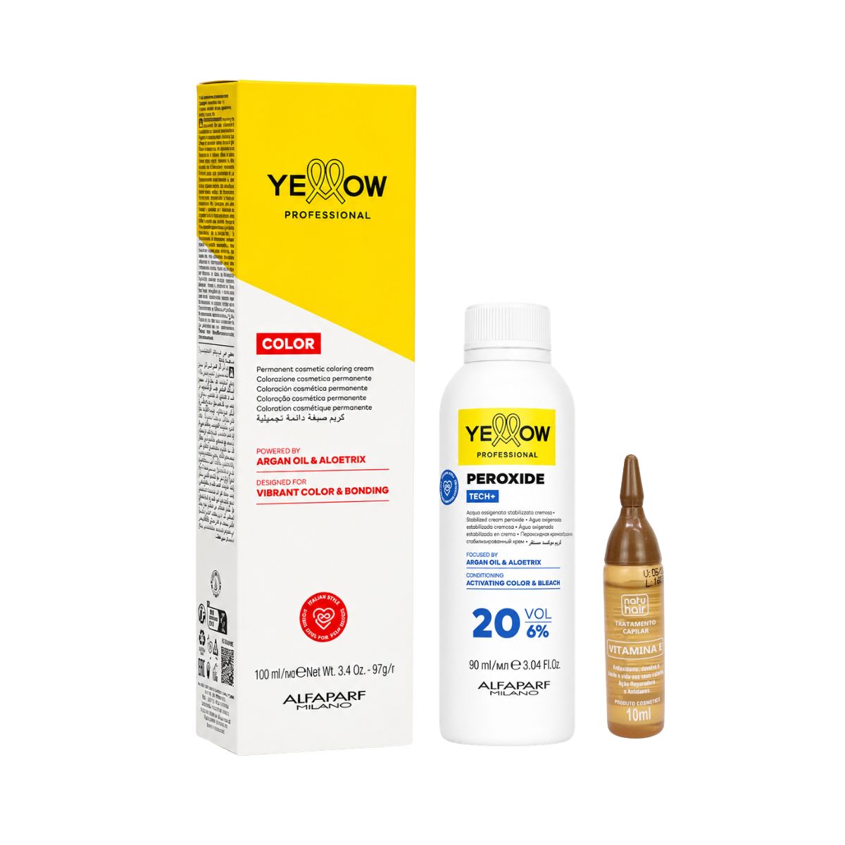 KIT COLORAÇÃO 5.0 CASTANHO CLARO YELLOW + OX 20V 90ML + AMPOLA NATUHAIR