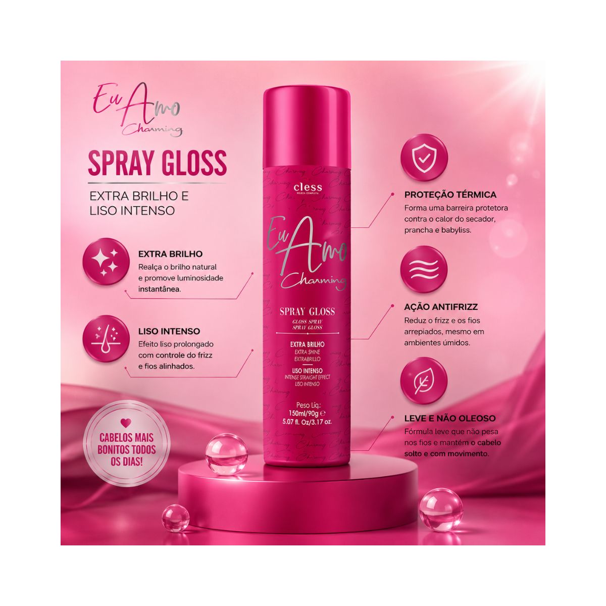 KIT CLESS 2 SPRAYS DE BRILHO GLOSS EU AMO CHARMING 150ML