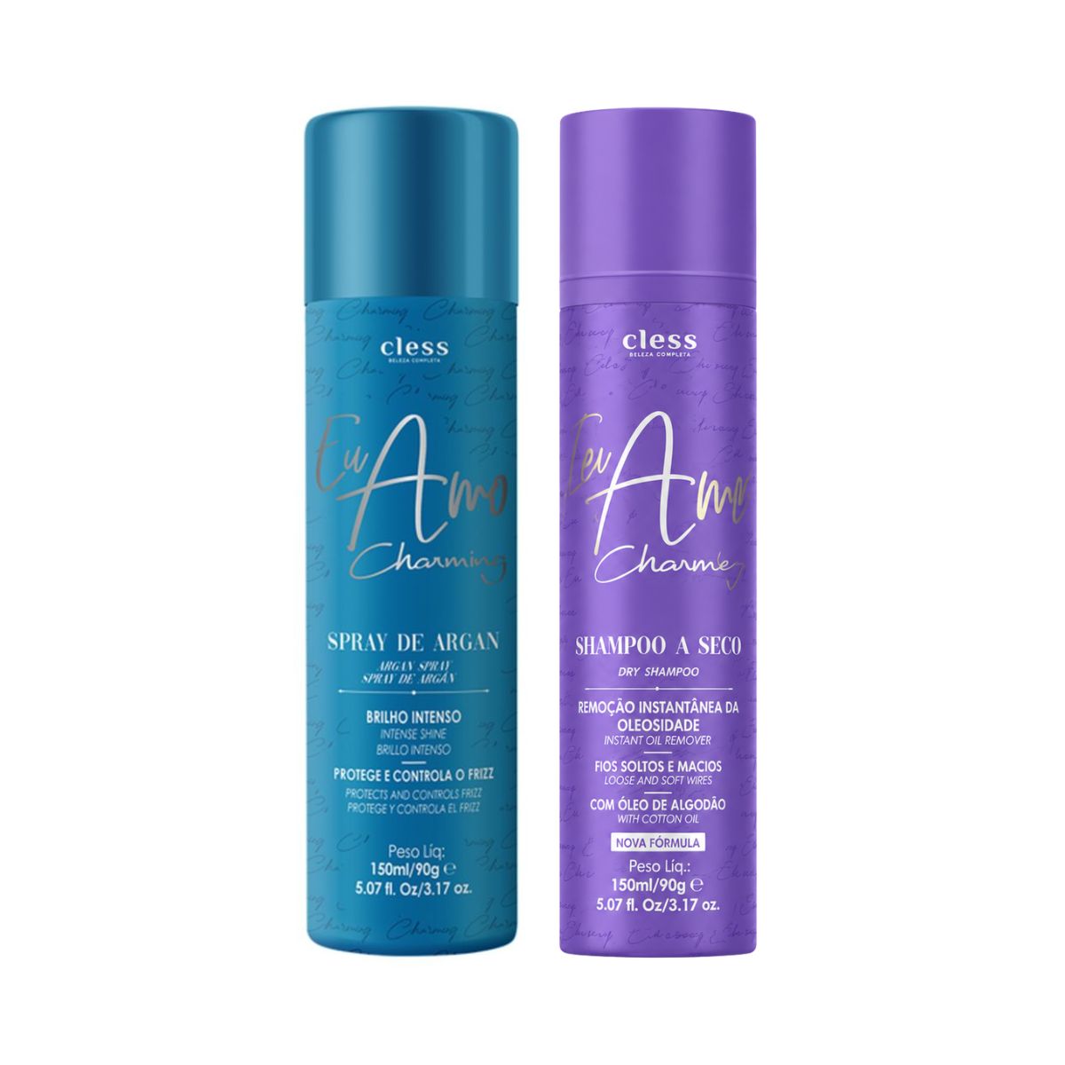 KIT CLESS SPRAY DE BRILHO ARGAN 150ML + SHAMPOO A SECO EU AMO CHARMING 150ML