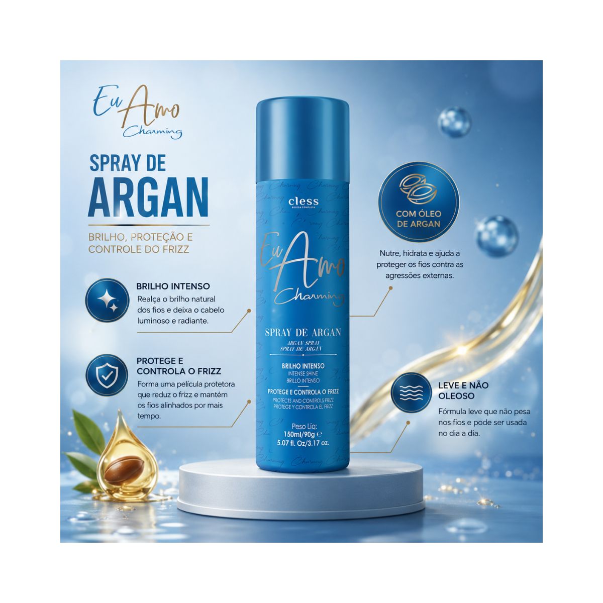 KIT CLESS SPRAY DE BRILHO ARGAN 150ML + SHAMPOO A SECO EU AMO CHARMING 150ML
