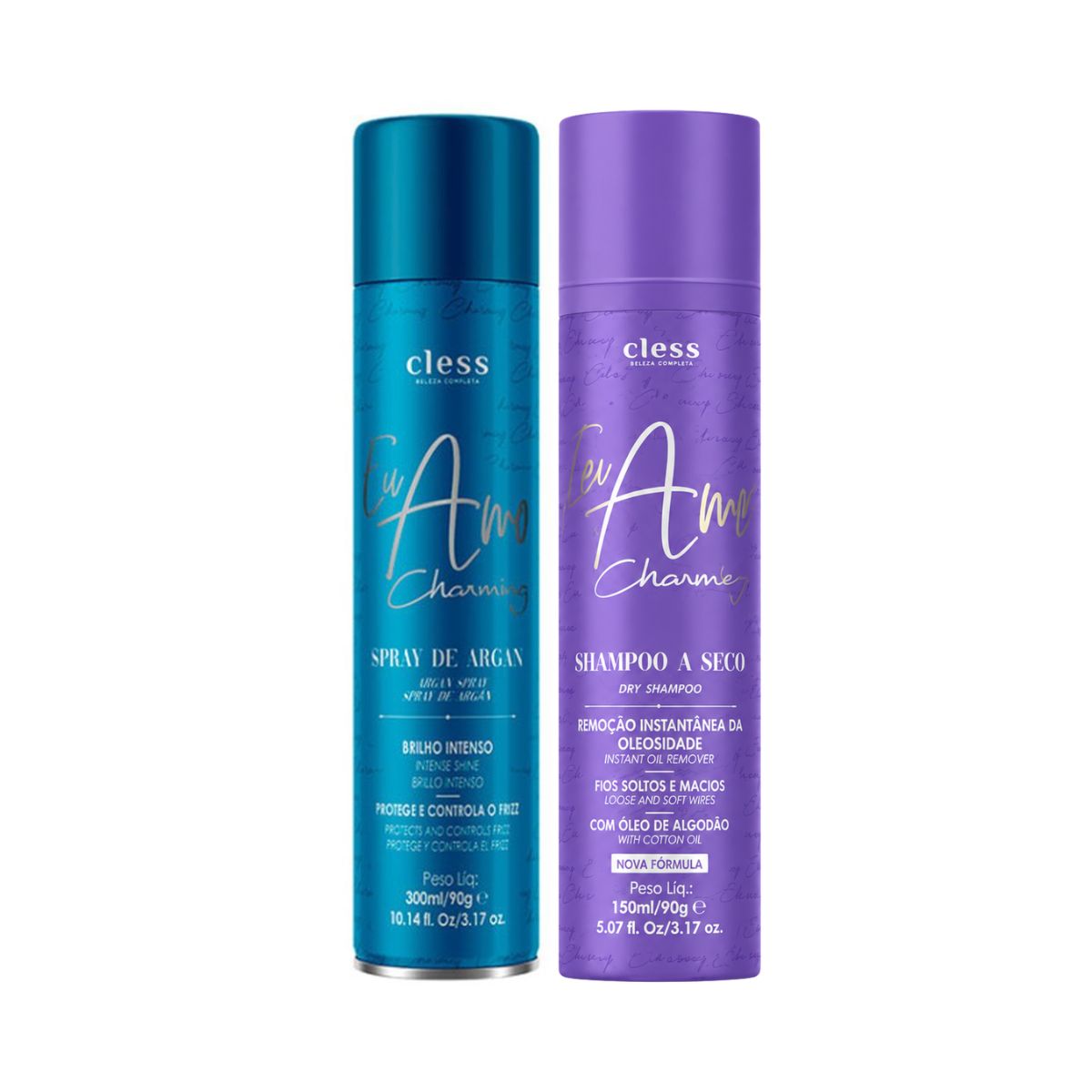 KIT CLESS SPRAY DE BRILHO ARGAN 300ML + SHAMPOO A SECO EU AMO CHARMING 150ML