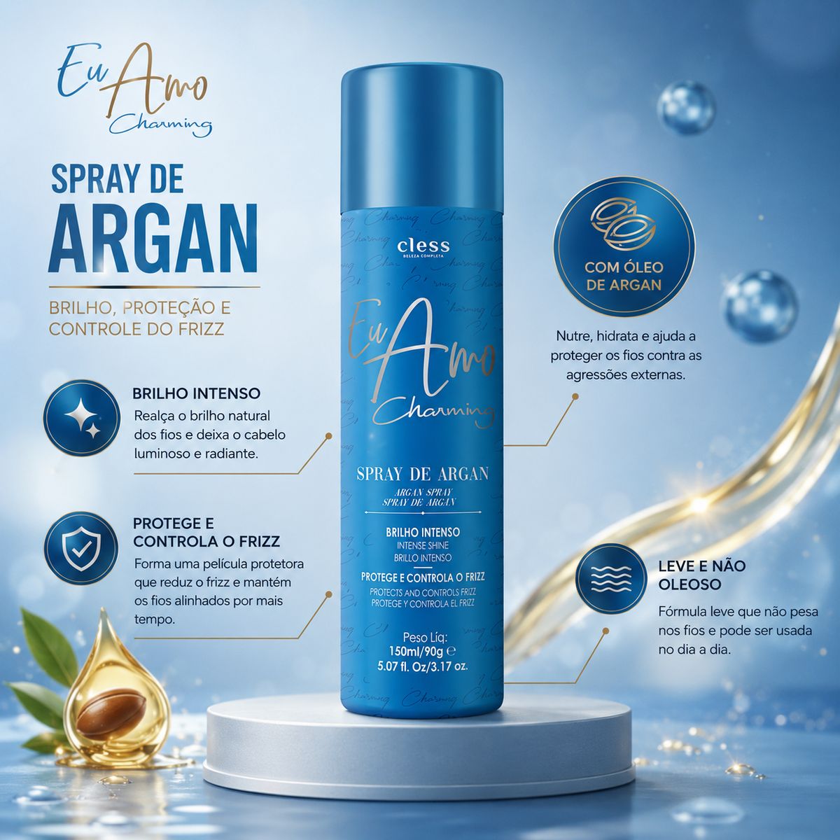 KIT CLESS SPRAY DE BRILHO ARGAN 300ML + SHAMPOO A SECO EU AMO CHARMING 150ML