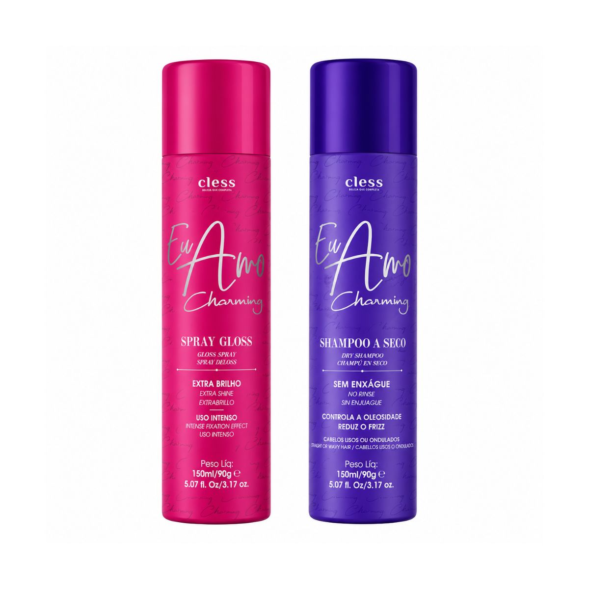 KIT SPRAY DE BRILHO GLOSS EU AMO CHARMING CLESS 150ML + SHAMPOO A SECO EU AMO CH