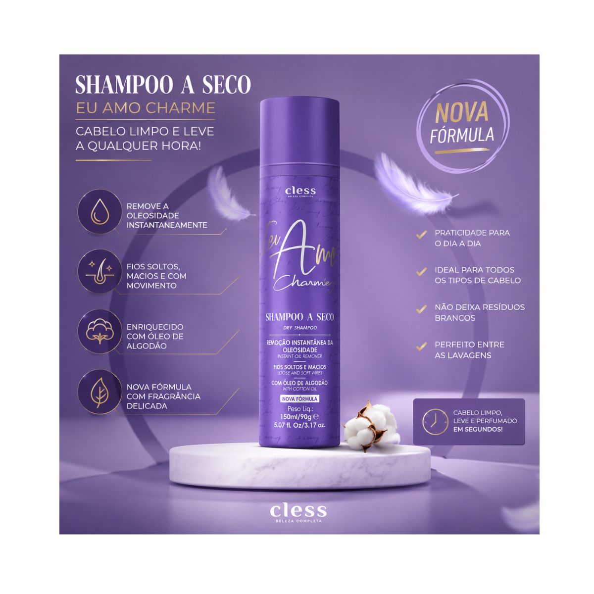 KIT SPRAY DE BRILHO GLOSS EU AMO CHARMING CLESS 150ML + SHAMPOO A SECO EU AMO CH
