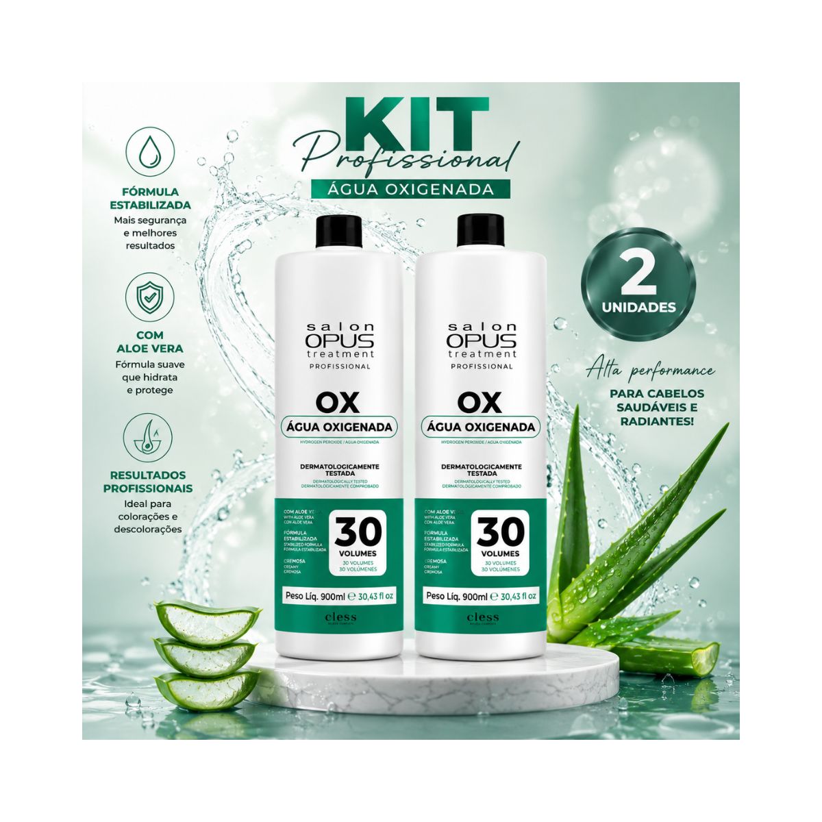KIT 2 SALON OPUS ÁGUA OXIGENADA 30 VOLUMES 900ML