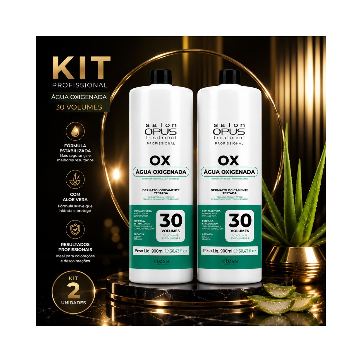 KIT 2 SALON OPUS ÁGUA OXIGENADA 30 VOLUMES 900ML