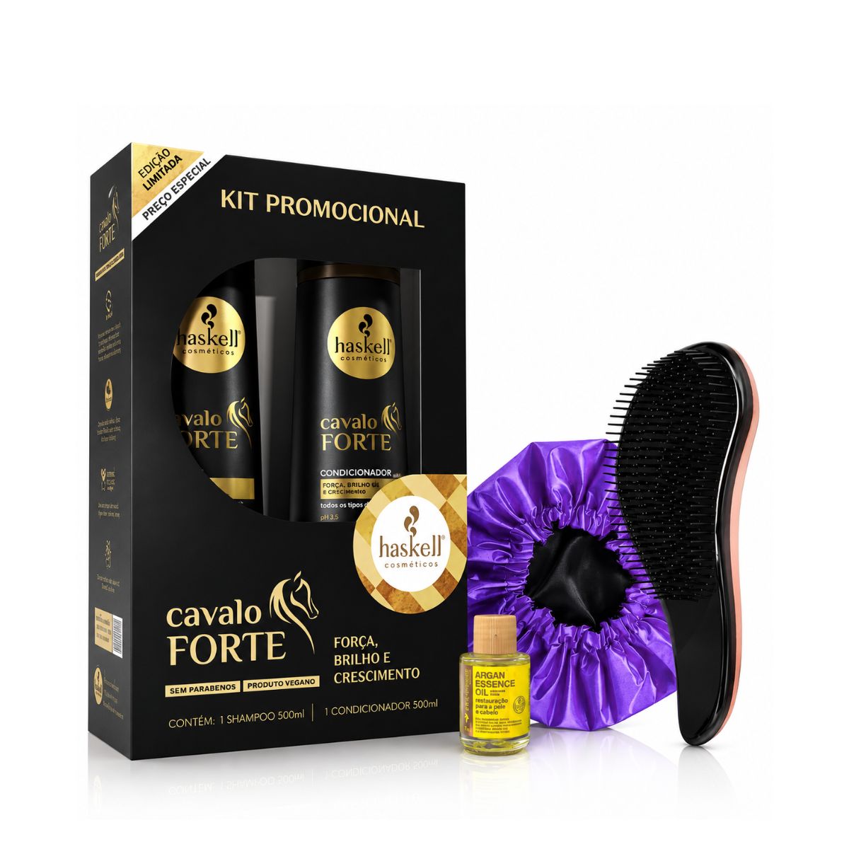 KIT HASKELL SHAMPOO 500ML + CONDICIONADOR 500ML CAVALO FORTE + TOUCA DE CETIM AN