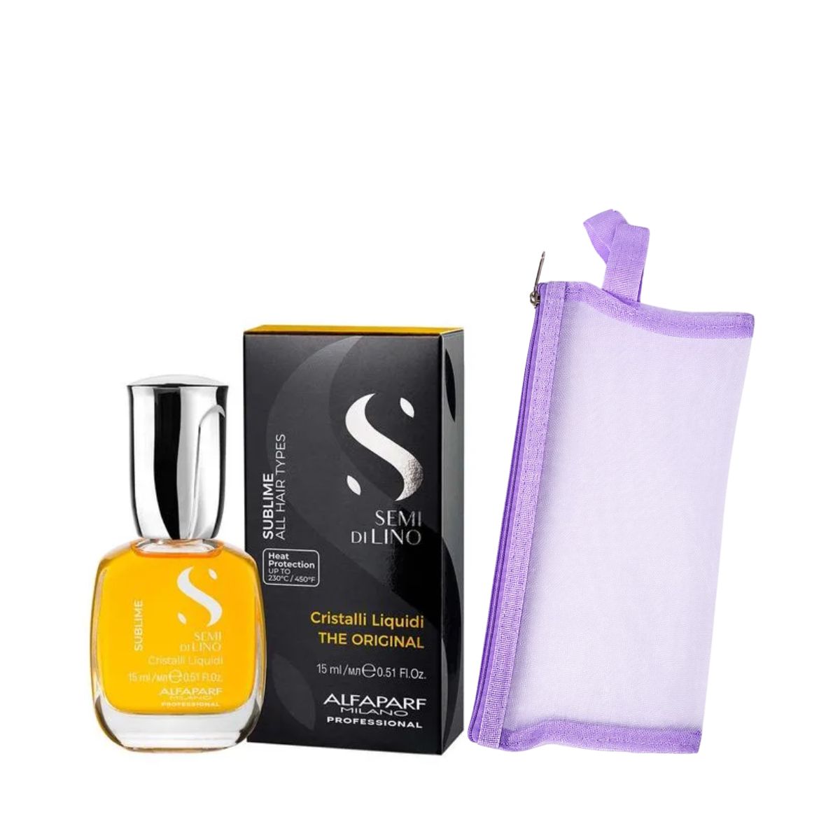 KIT ALFAPARF ÓLEO CAPILAR SEMI DI LINO SUBLIME CRISTALLI LÍQUIDI 15ML + NECESSAI