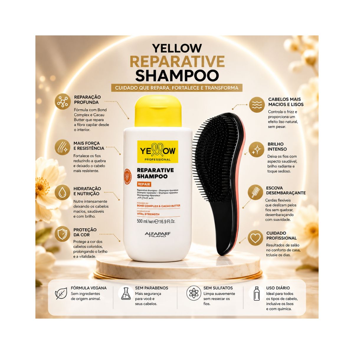 KIT YELLOW SHAMPOO REPAIR 500ML + ESCOVA MÁGICA
