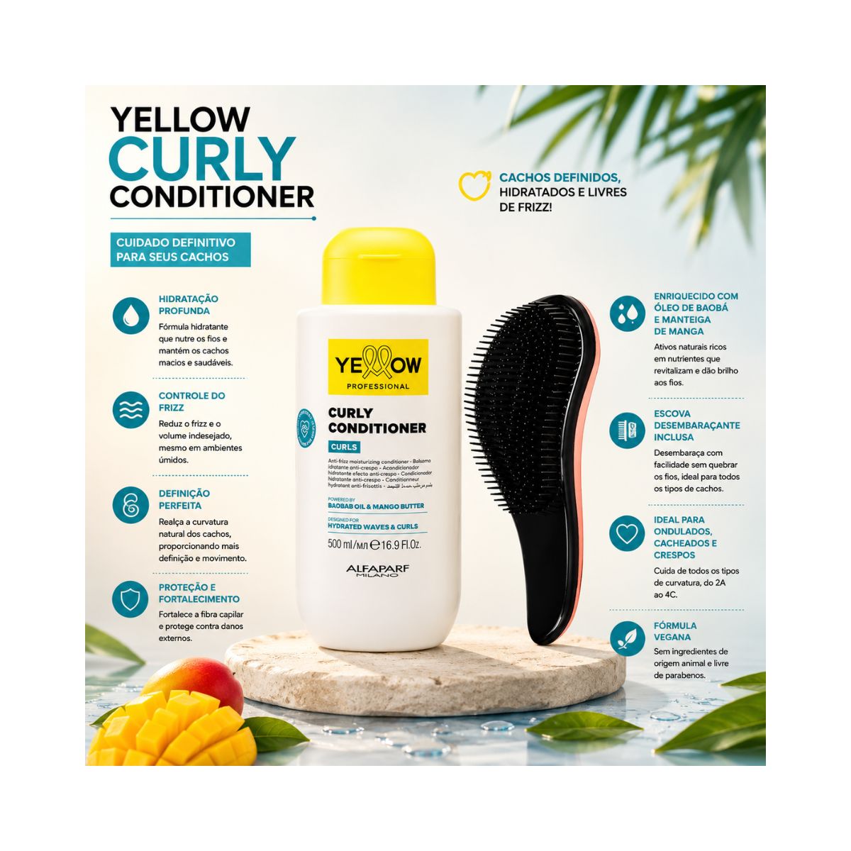KIT YELLOW CONDICIONADOR CURLS 500ML + ESCOVA MÁGICA