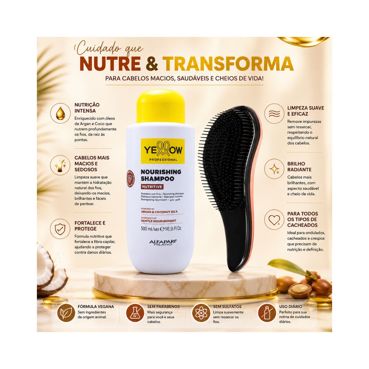 KIT YELLOW SHAMPOO NUTRITIVE 500ML + ESCOVA MÁGICA