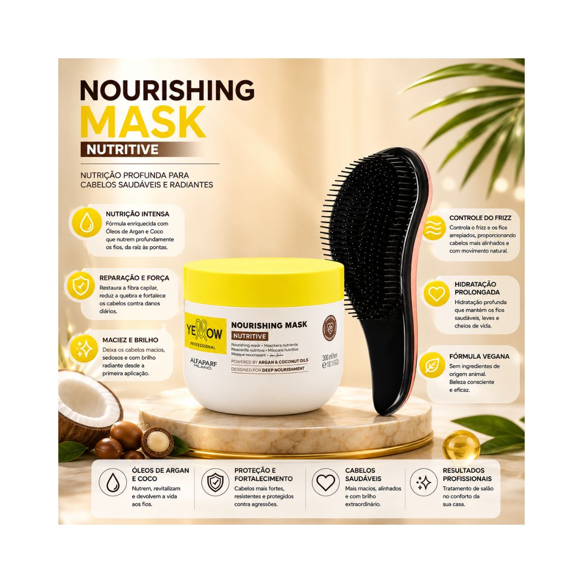 KIT YELLOW MÁSCARA NUTRITIVE 300ML + ESCOVA MÁGICA
