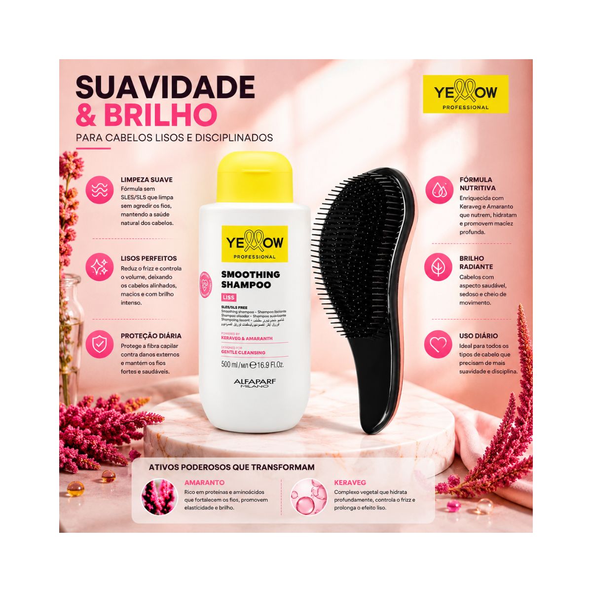 KIT YELLOW SHAMPOO SMOOTHING LISS 500ML + ESCOVA MÁGICA