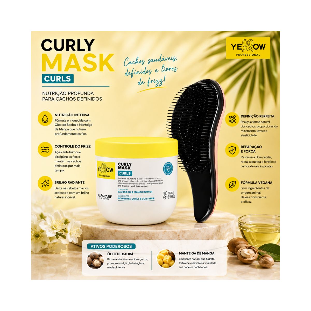 KIT YELLOW MÁSCARA CAPILAR CURLS 500ML + ESCOVA MÁGICA